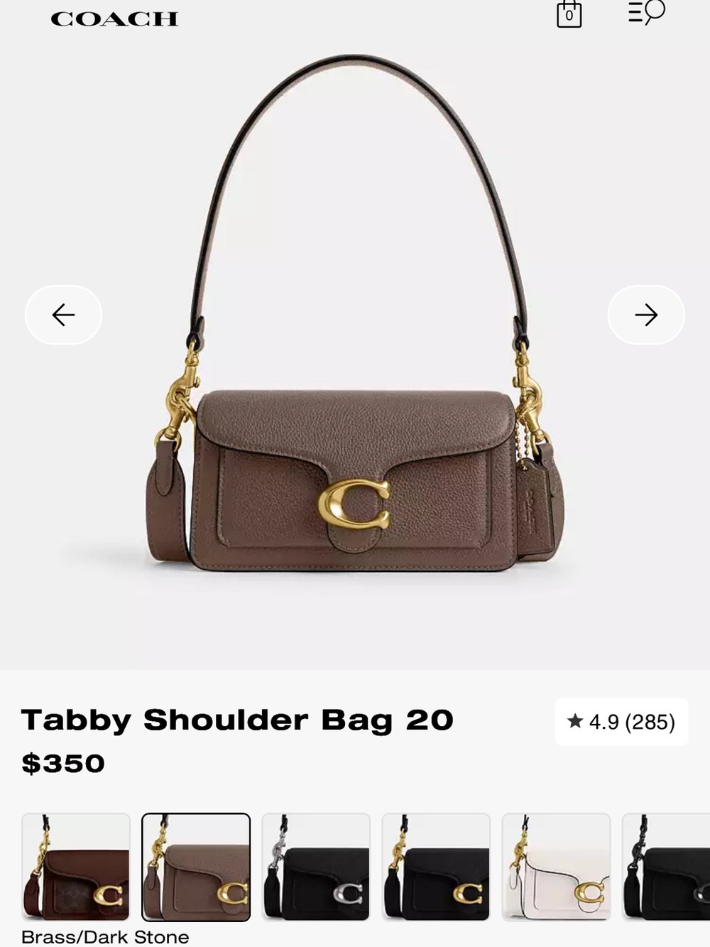 Coach Tabby Shoulder Bag 20 in Dark Stone Brown with Brass Hardware